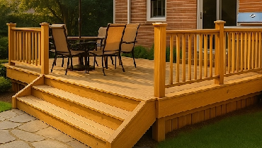 Large wooden deck with patio furniture.
